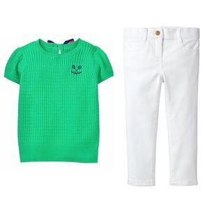 JANIE AND JACK Embroidered Sweater & Twill Jean 2T Green Navy White Knit Denim